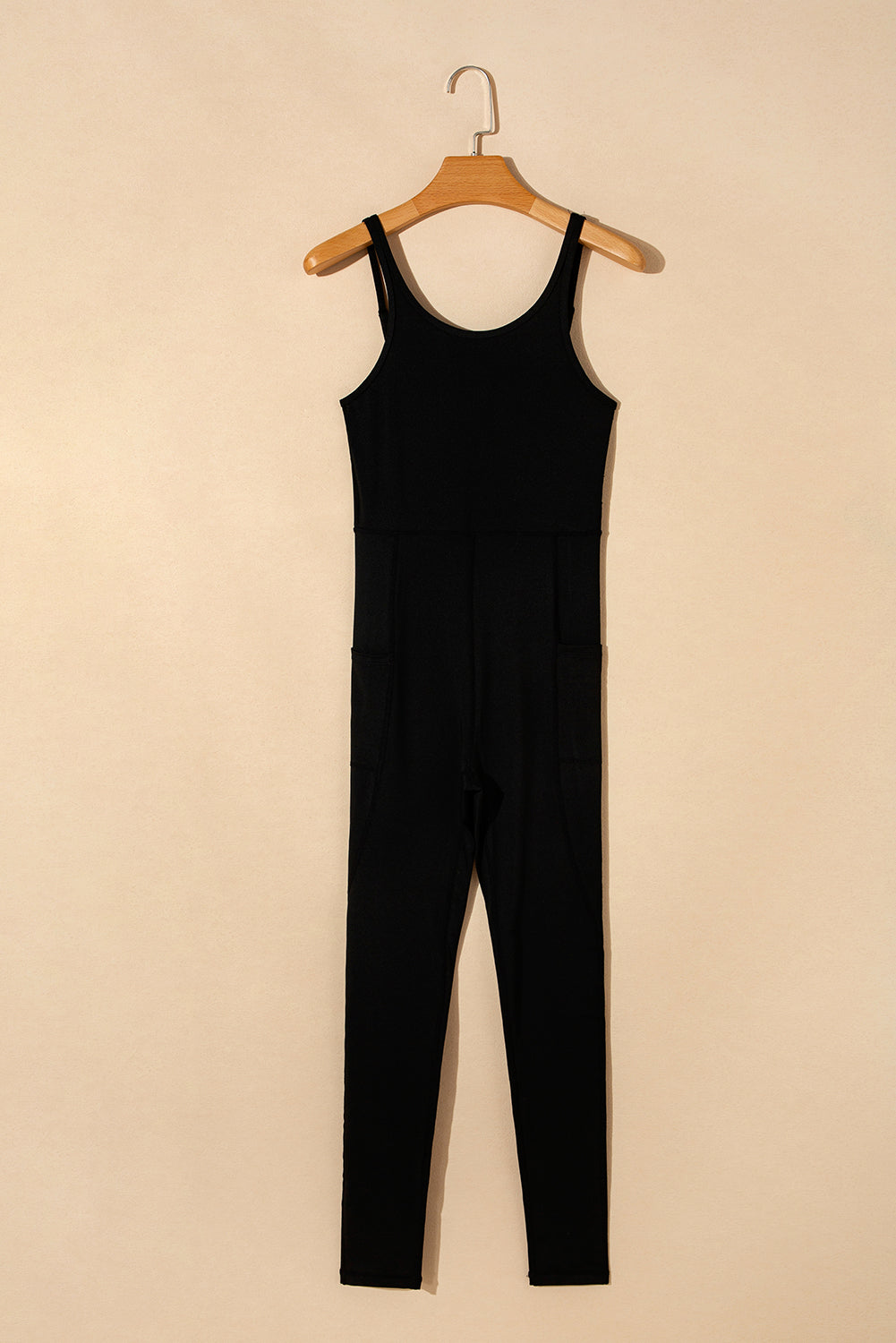 Black High Waist Backless Side Pockets Sports Jumpsuit