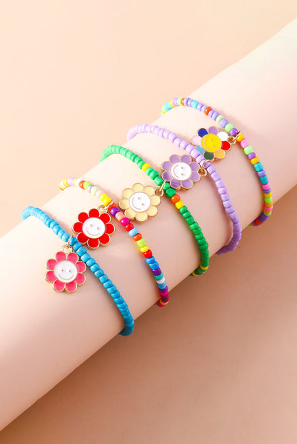 Light Blue 5pcs Smiley Flower Pendant Beaded Bracelet Set