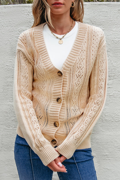 Beige Open Knit Drop Shoulder Sweater Cardigan