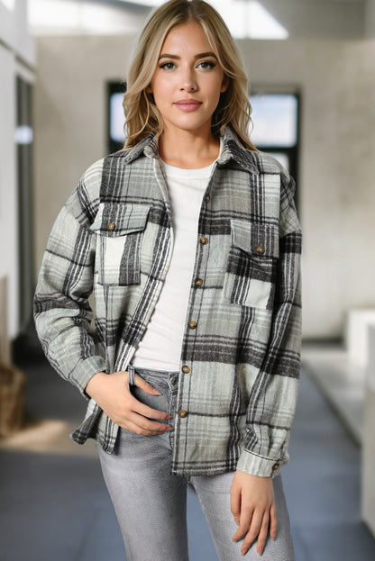 Medium Grey Plaid Flap Pockets Shacket