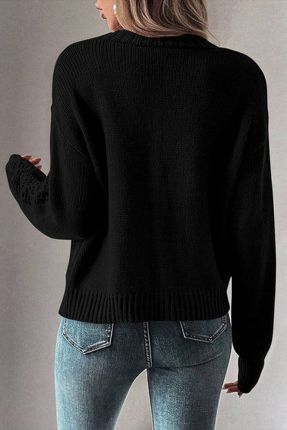 Black Open Knit Drop Shoulder Sweater Cardigan