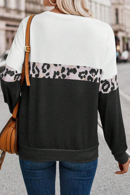 Black Leopard Colorblock Round Neck Long Sleeve Top