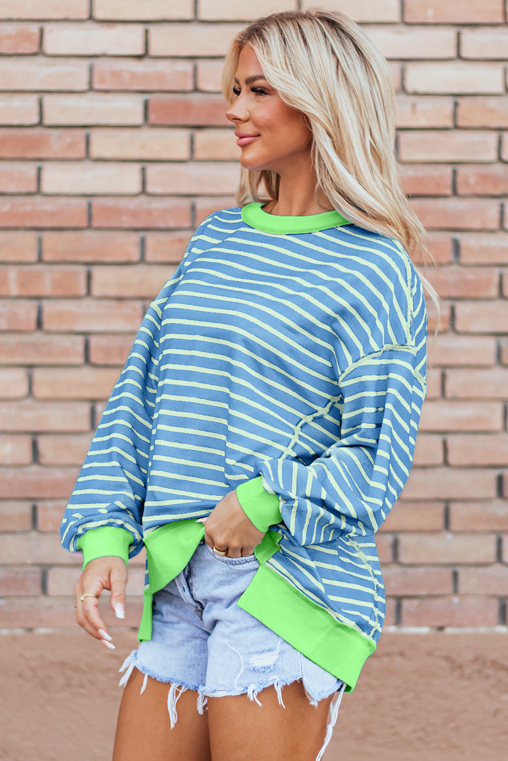 Sky Blue Stripe Contrast Trim High Low Pullover Tunic Sweatshirt