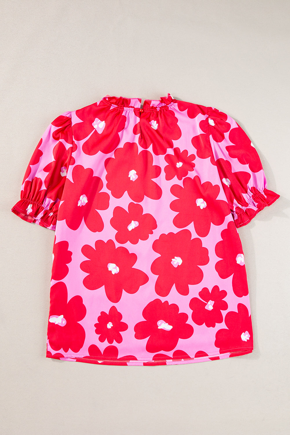 Rose Floral Puff Sleeve Frill Neckline Blouse