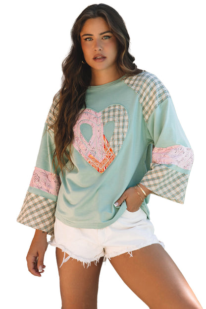 Clearly Aqua Plaid Floral Peace Heart Graphic Wide Long Sleeve Top