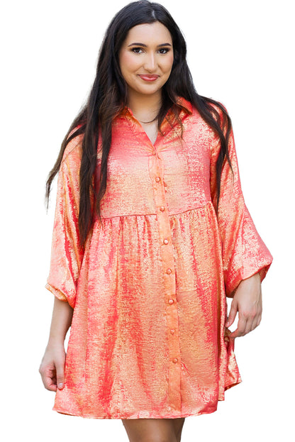 Peach Blossom Metallic Sheen Puff Sleeve Button Up Mini Shirt Dress