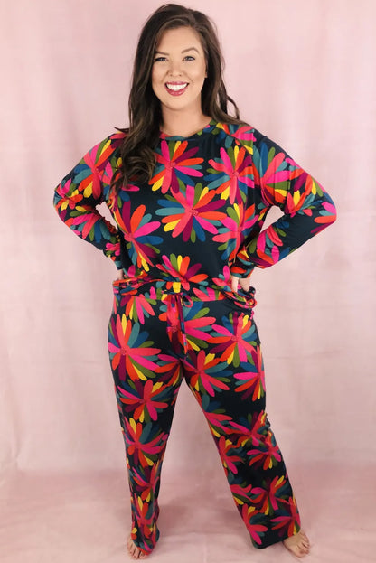 Black Plus Size Printed Long Sleeve and Pants Lounge Set