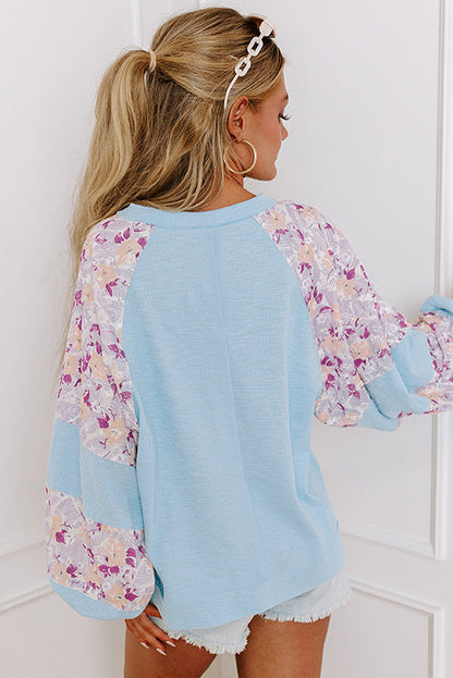 Beau Blue Textured Floral Patchwork Balloon Sleeve Blouse