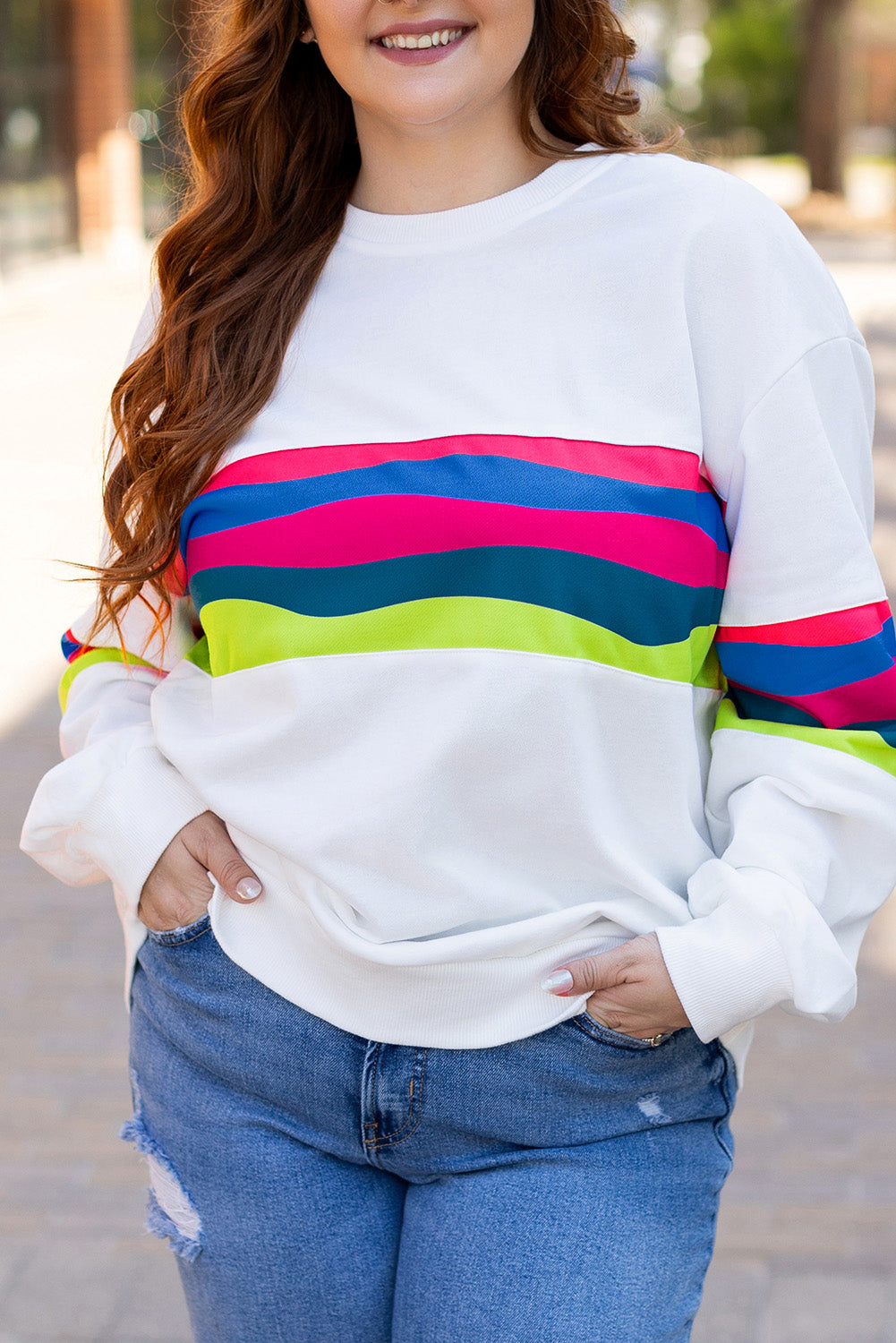 White Plus Size Colorful Striped Drop Shoulder Loose Sweatshirt