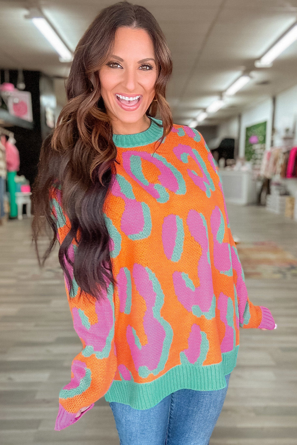 Orange Leopard Colorblock Ribbed Edge Sweater