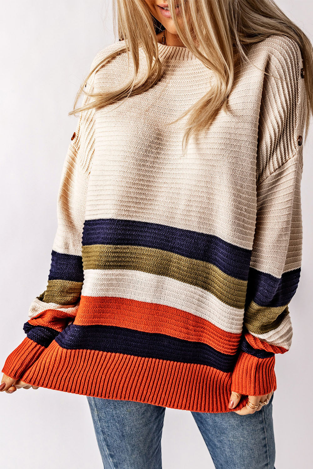 White Buttoned Shoulder Drop Shoulder Striped Sweater