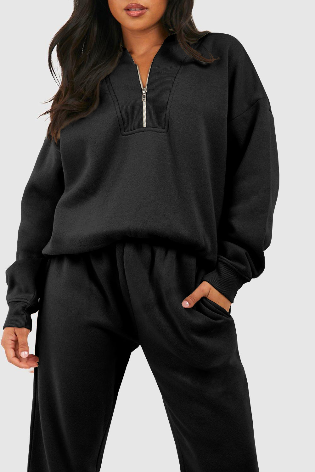 Black Plain Half Zip V Neck Ribbed Edge Loose Tracksuit