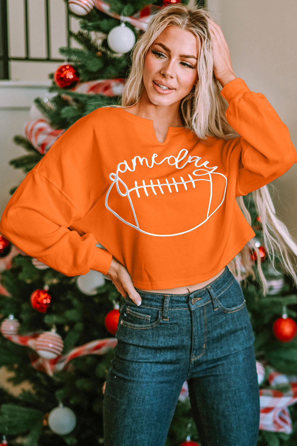 Orange Game Day Lettering Rugby Football Notched Neck Sweatshirt