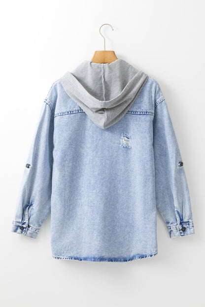 Mist Blue Oversized Contrast Hooded Denim Jacket