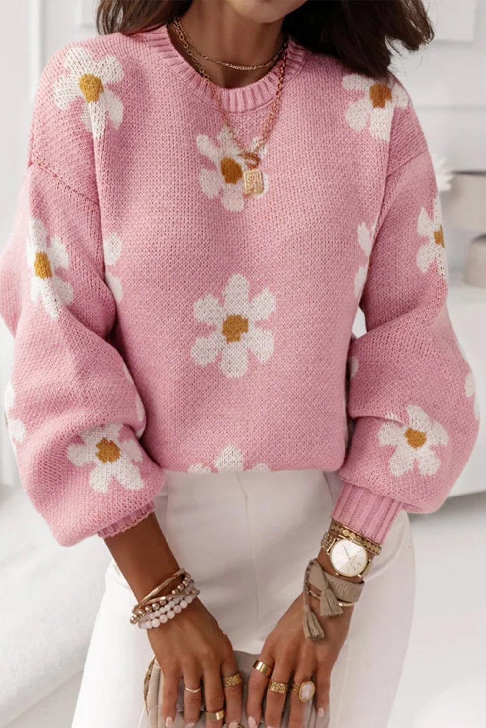 Pink Floral Pattern Drop Shoulder Sweater