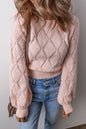 Gossamer Pink Openwork Plaid Puff Sleeve Cropped Sweater