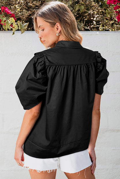 Black Crisp Puff Sleeve Loose Shirt