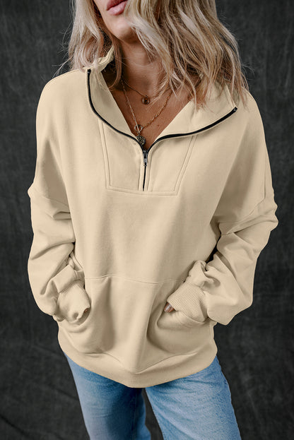 Light Grey Zip-up Stand Neck Kangaroo Pocket Sweatshirt