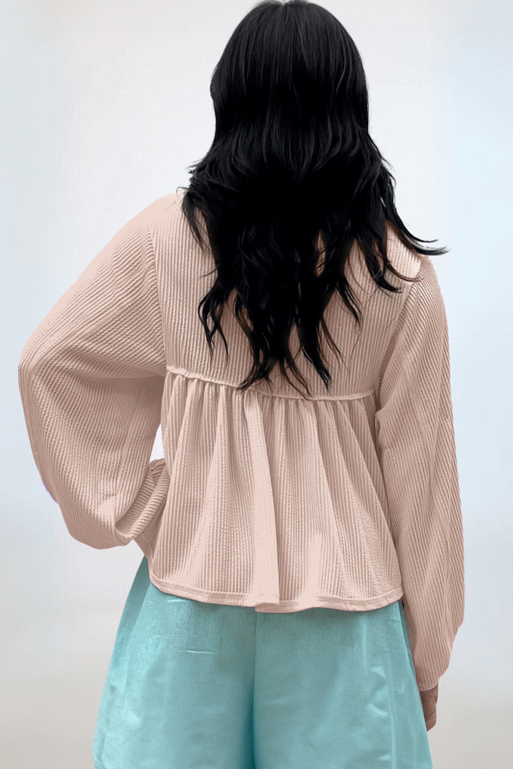 Parchment Corded Turn-down V Neck Bubble Sleeve Babydoll Blouse