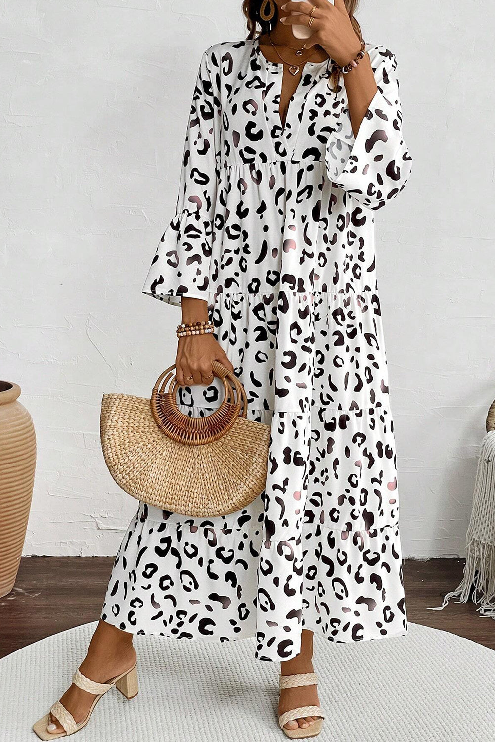 White Leopard Print Notch V Neck Loose Fit Maxi Dress