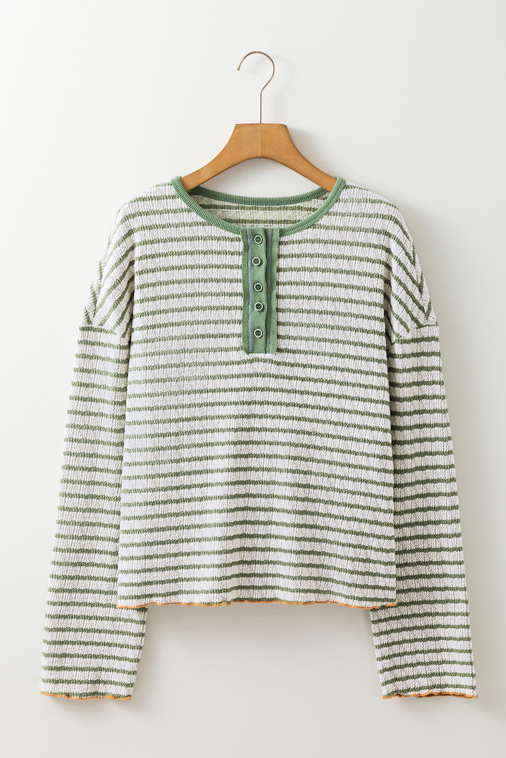 Green Stripe Textured Frilly Trim Buttons Henley Long Sleeve Top