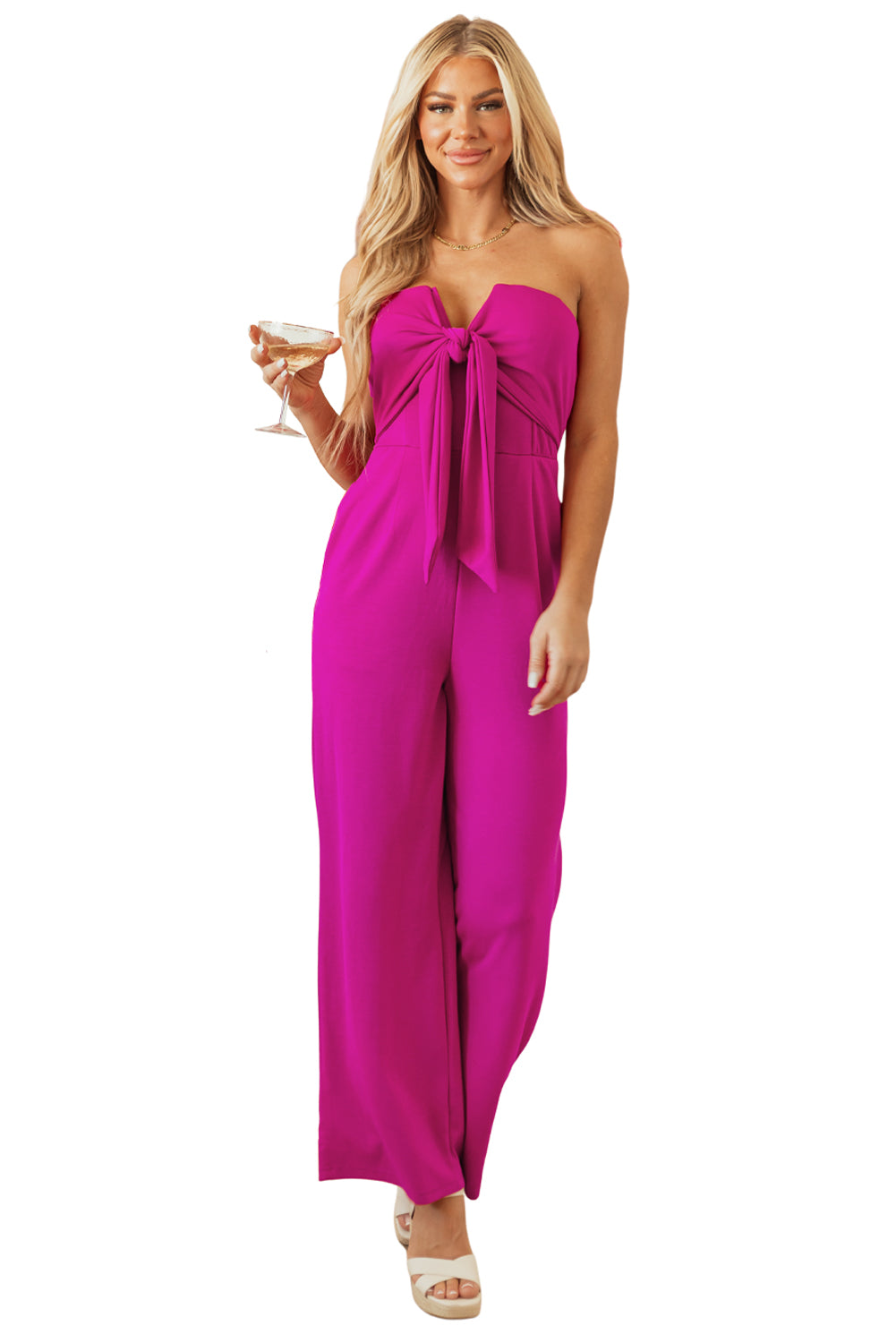 Bright Pink Bowknot Strapless Wide Leg Jumpsuit