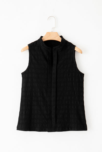 Black Lattice Textured Split Neck Tank Top