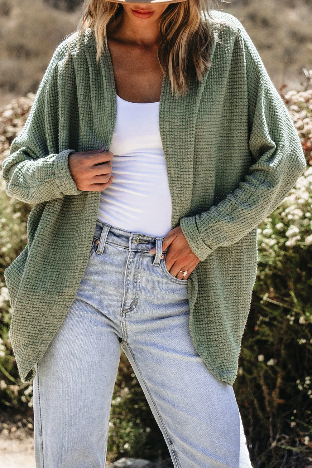 Laurel Green Waffle Knit Open Front Cardigan