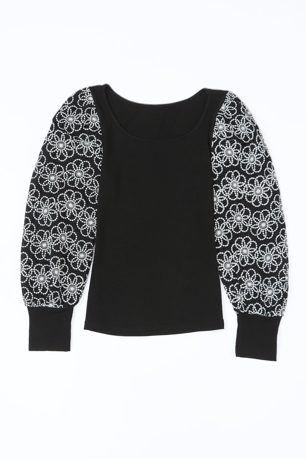 Black Flower Puff Sleeve Ribbed Knit Top