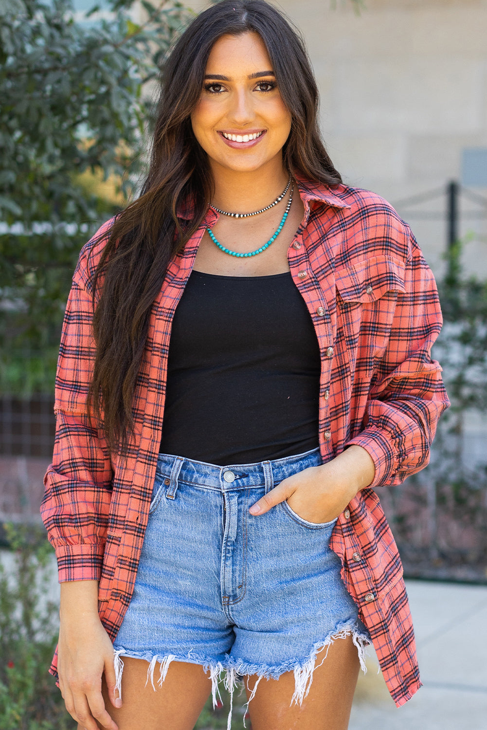 Red Plaid Long Sleeeve Side Split Distressed Hem Shirt