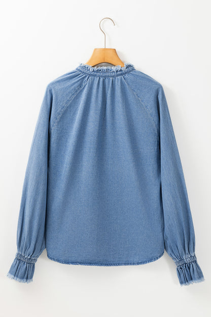 Sky Blue Frilled Raw Hem Half Buttoned Denim Top