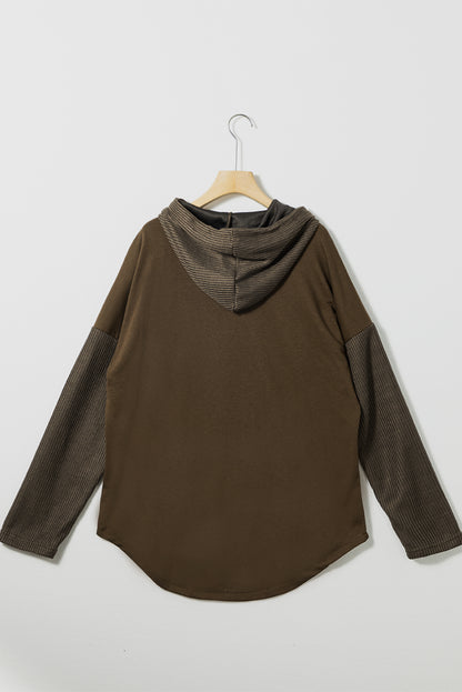 Dark Brown Button Up Contrast Knitted Sleeves Hooded Jacket