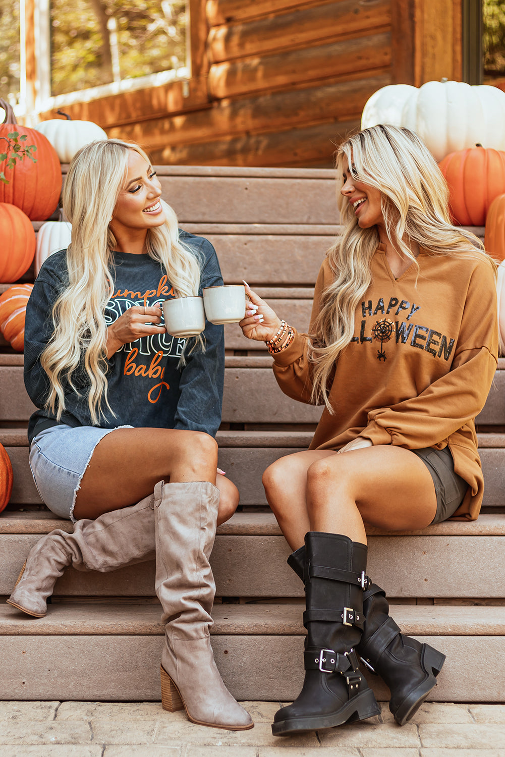 Chestnut Sequin Happy Halloween Graphic Notched Neck Long Sleeve Loose Top