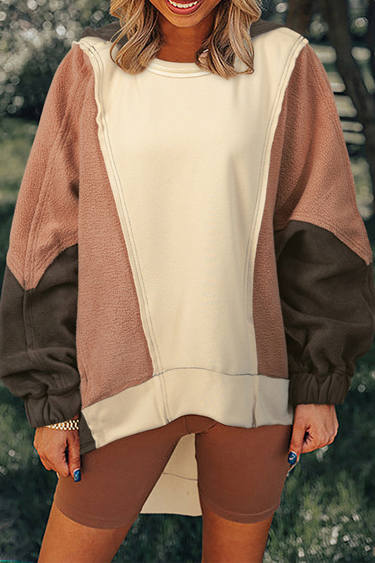 Beige Oversized Color Block Patchwork High Low Hoodie