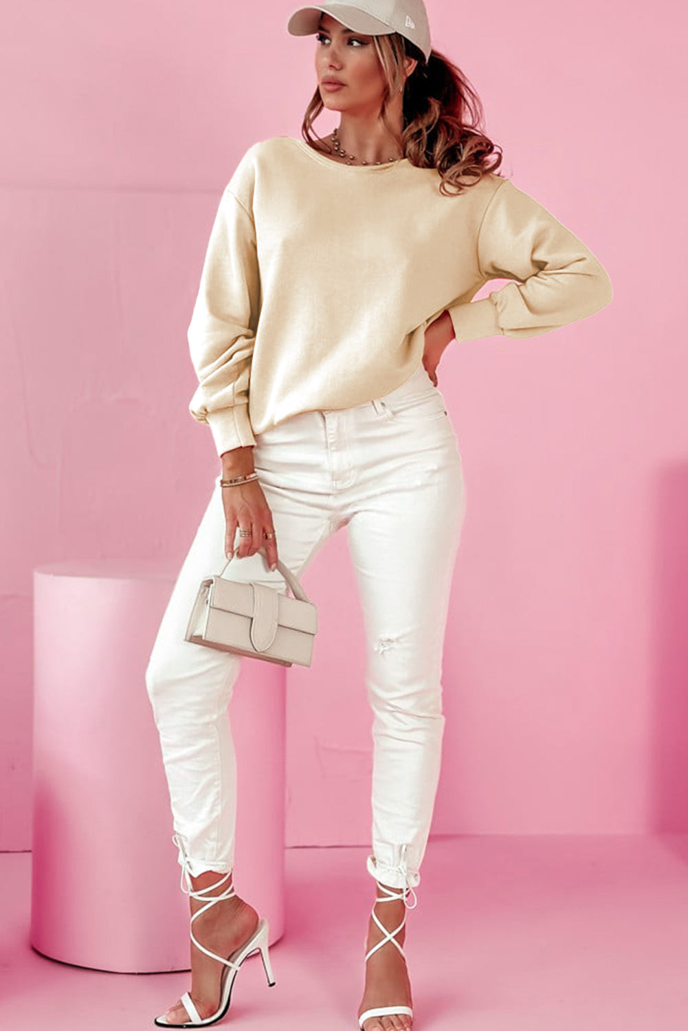 Apricot Bowknot Dewback Round Neck Sweatshirt