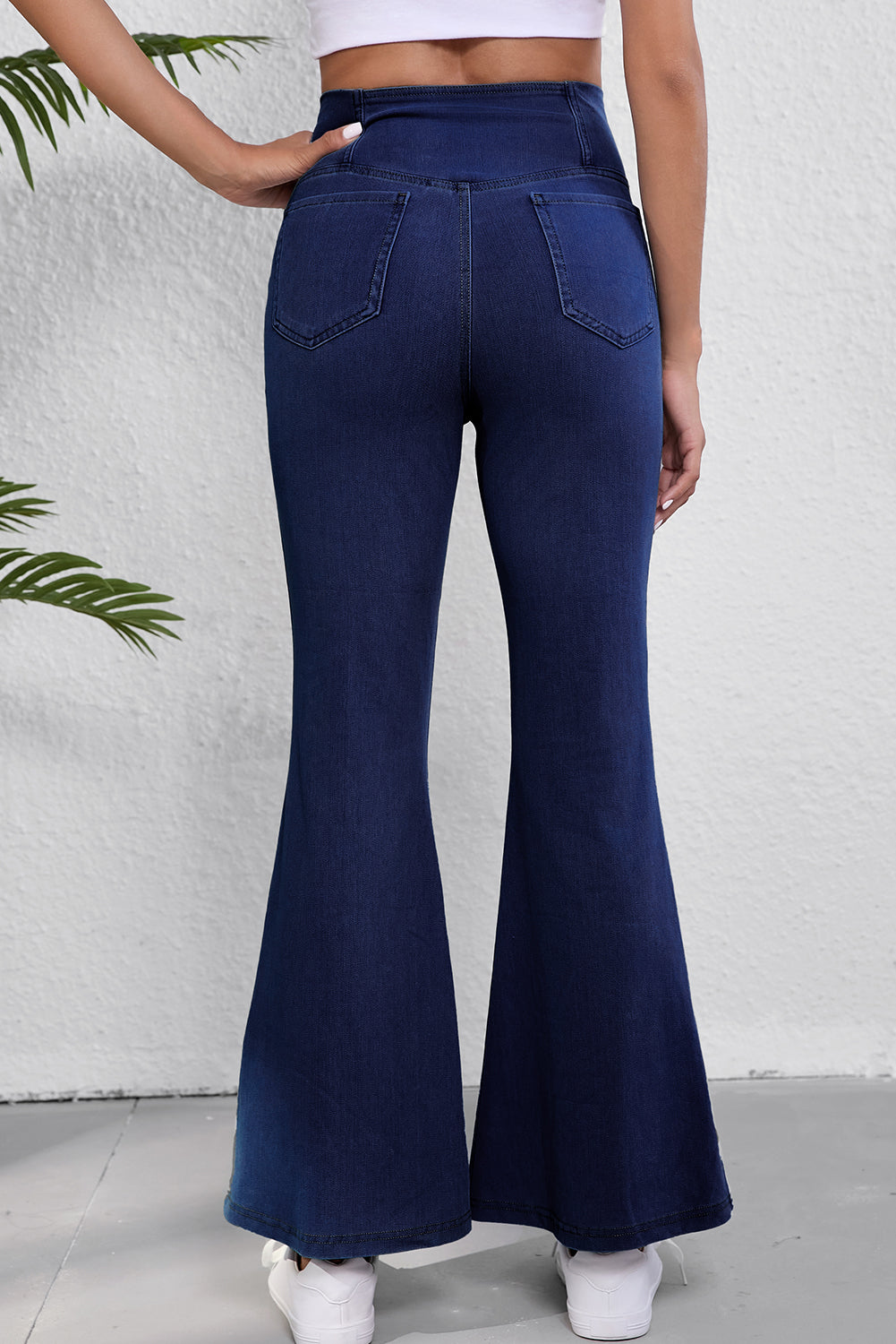 Dusk Blue Solid Crossed Waist High Elastic Fit Flare Knit Jeans