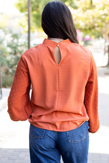 Russet Orange Swiss Dot Balloon Sleeve Loose Blouse