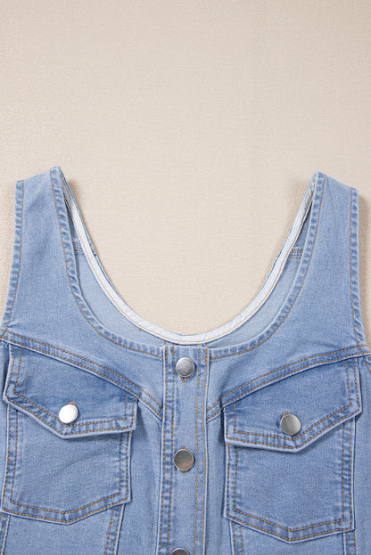 Beau Blue Light Wash Denim Buttoned Front Chest Pockets Sleeveless Slim Mini Dress