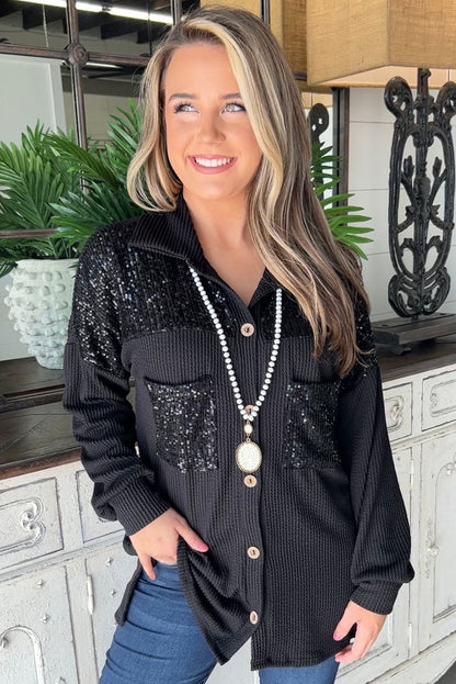 Black Sequin Patch Chest Pocket Corded Shacket