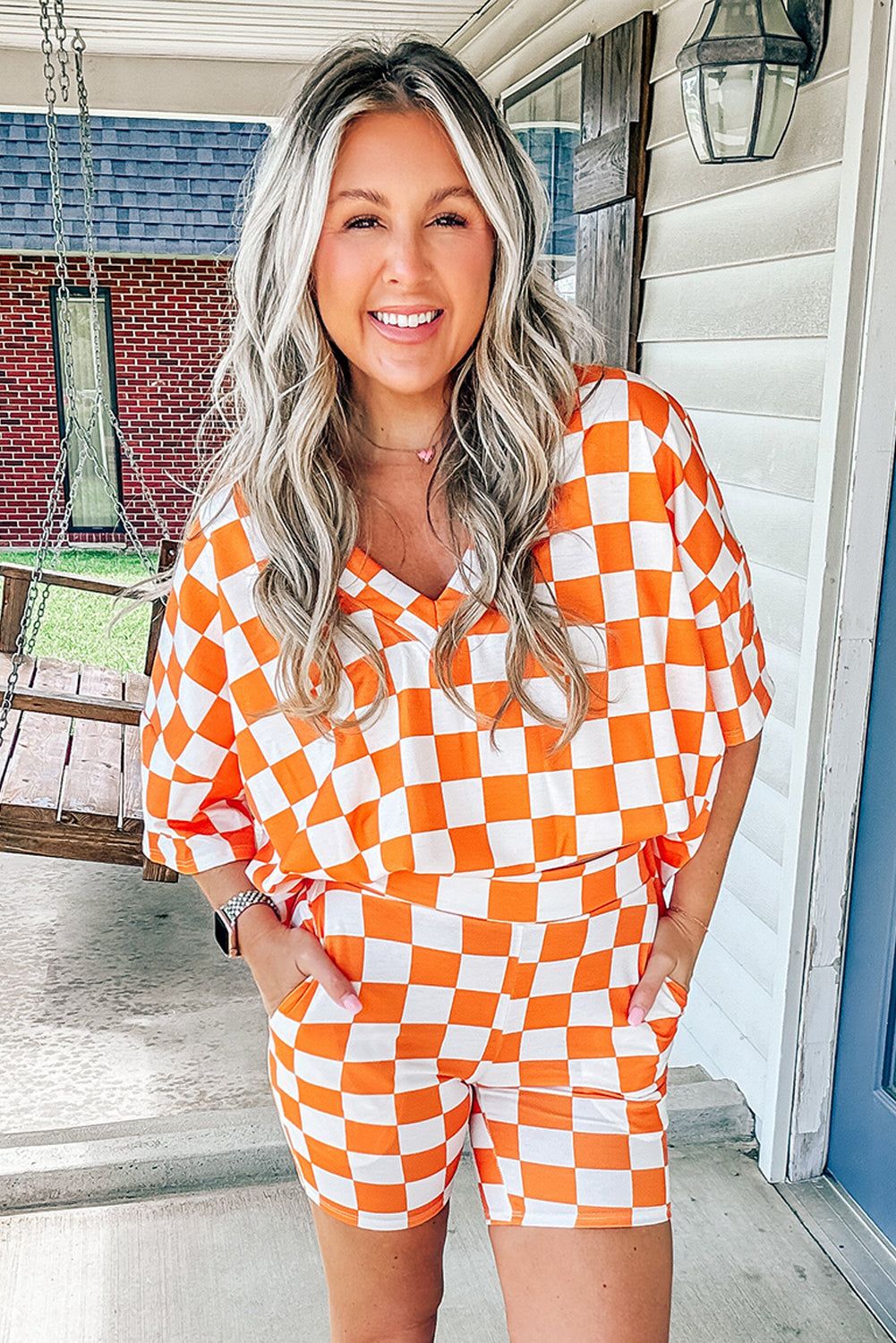 Orange Checkerboard Print V Neck Loose Tee and Shorts Lounge Set