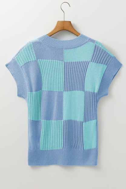 Light Blue Checkered Color Block Crew Neck Short Sleeve Sweater