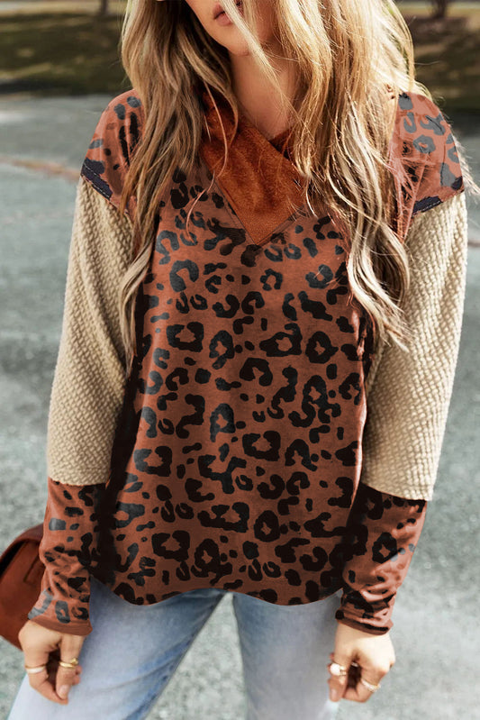 Brown Textured Knit Patchwork Leopard Hoodie