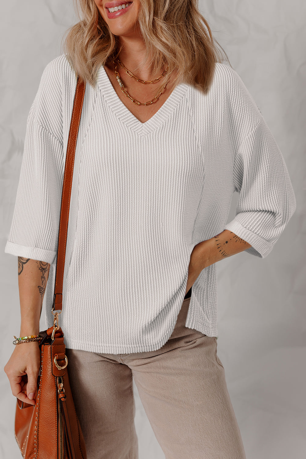 White Solid Color Corded Drop Shoulder 3/4 Sleeve V Neck Top