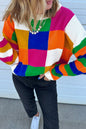 Orange Checkered Color Block Round Neck Loose Sweater