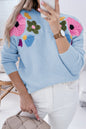 Light Blue Knitted Flower Pattern Ribbed Edge Sweater