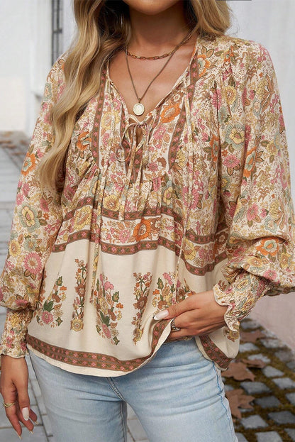 Yellow Floral Print Tie Neck Lantern Sleeve Blouse