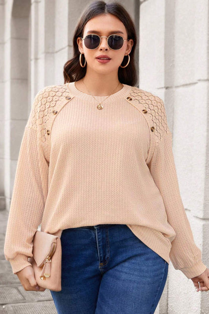 Beige Plus Size Lace Patchwork Buttons Waffle Knit Top