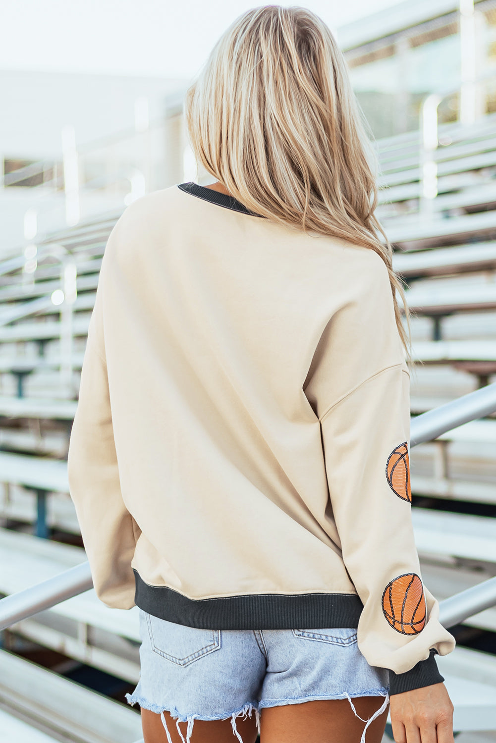 White Sequin Basketball Graphic Colorblock Edge Sweatshirt