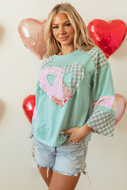 Clearly Aqua Plaid Floral Peace Heart Graphic Wide Long Sleeve Top