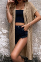 Camel Batwing Sleeve Pointelle Knit Open Front Cardigan